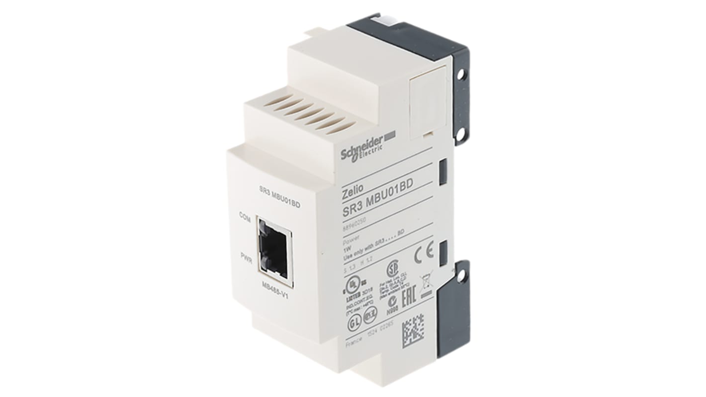 Modulo I/O PLC Schneider Electric SR3MBU01BD, 4 ingressi e 4 uscite relè, dimensioni 107,6 x 35,5 x 59,5 mm. Compatibile Modbus.