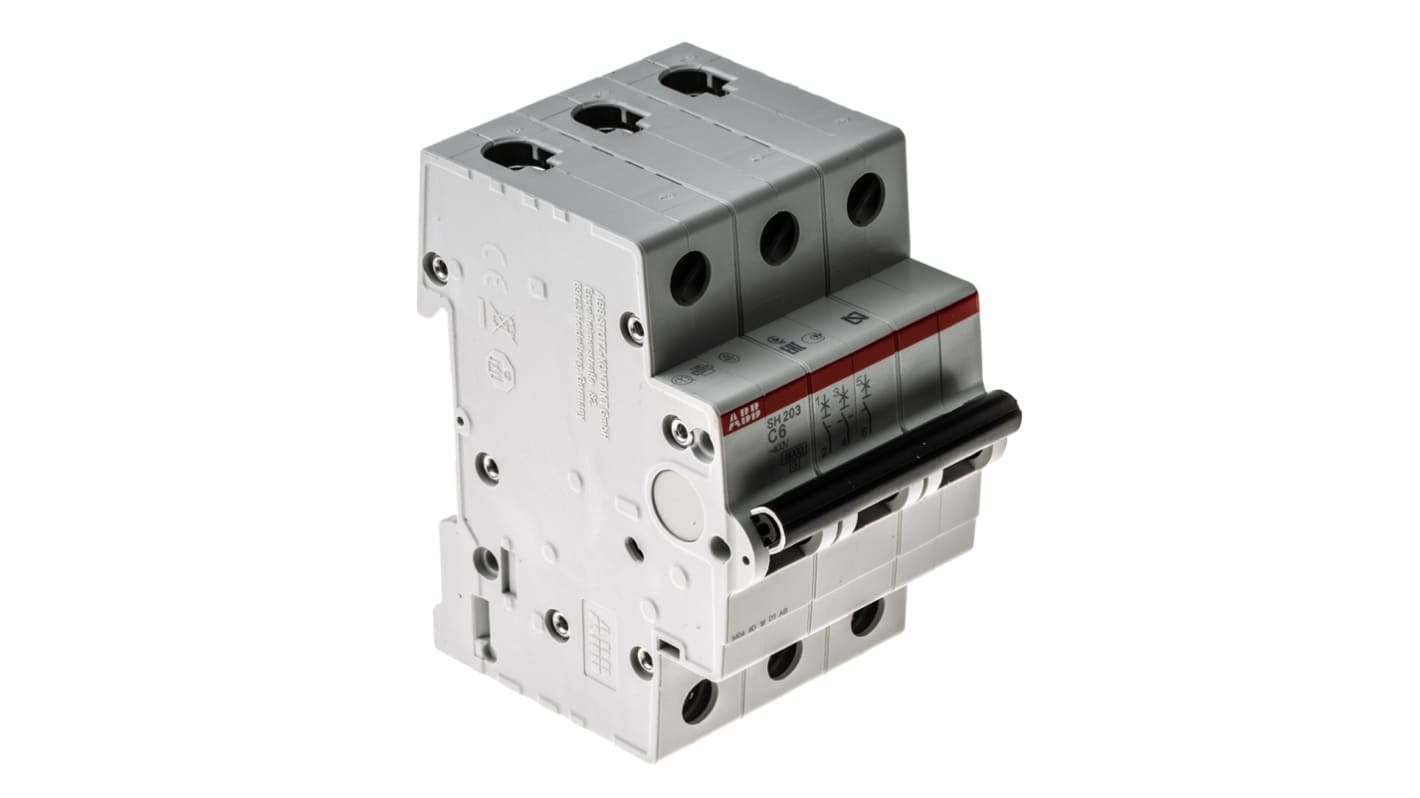 Interruttore magnetotermico ABB 3 poli, 6 A, Tipo C, montaggio su guida DIN, dimensioni 52.5 x 85 x 69 mm, capacità di rottura 6 kA.
