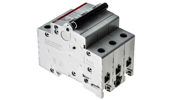 Interruttore magnetotermico ABB 3 poli, 6 A, Tipo C, montaggio su guida DIN, dimensioni 52.5 x 85 x 69 mm, capacità di rottura 6 kA.