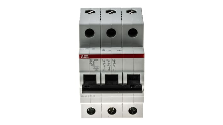Interruttore magnetotermico ABB 3 poli, 6 A, Tipo C, montaggio su guida DIN, dimensioni 52.5 x 85 x 69 mm, capacità di rottura 6 kA.