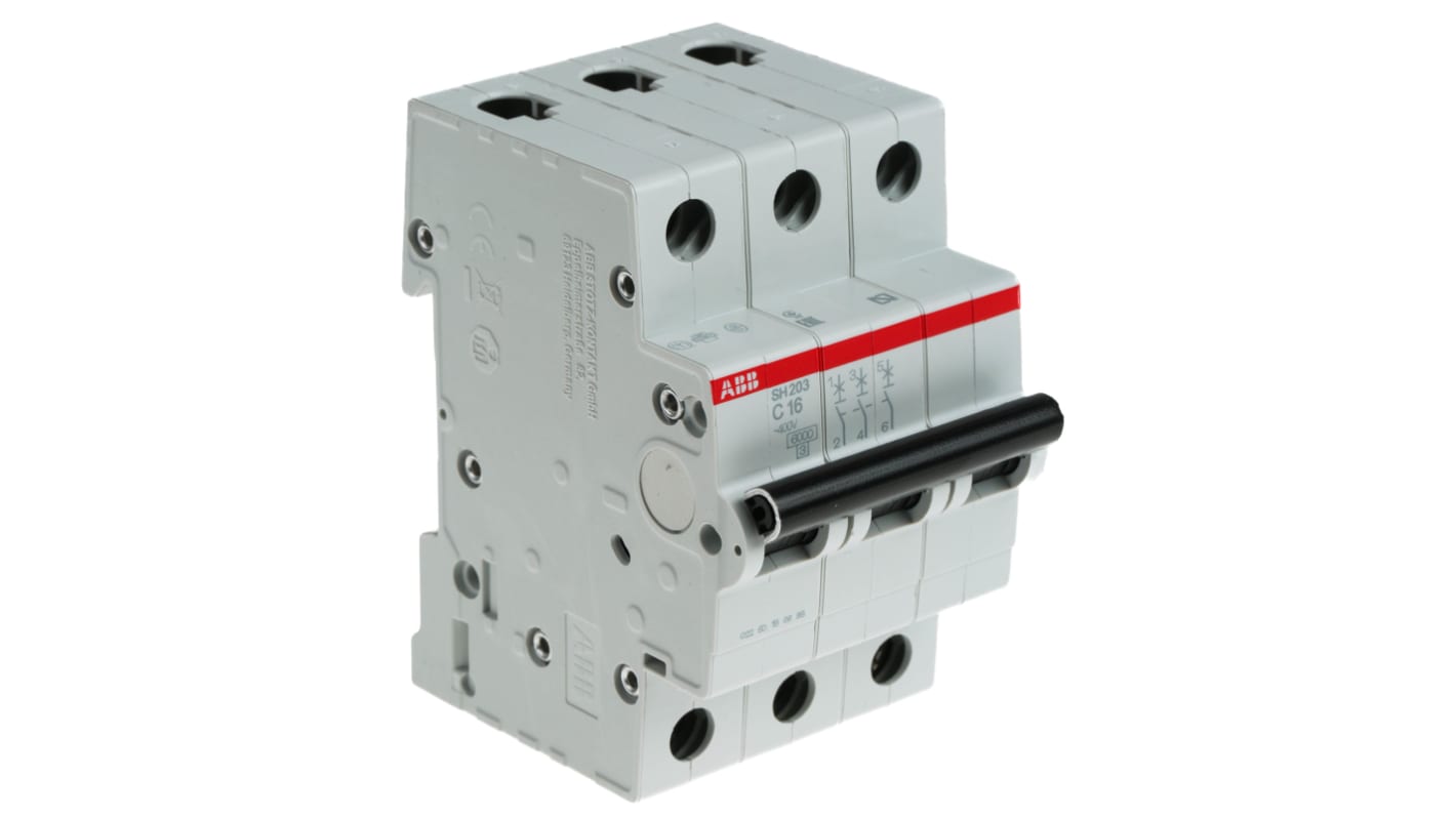 Interruttore magnetotermico ABB SH203-C16, 3 poli, 16 A, montaggio su guida DIN, dimensioni 85 x 52,5 x 69 mm.