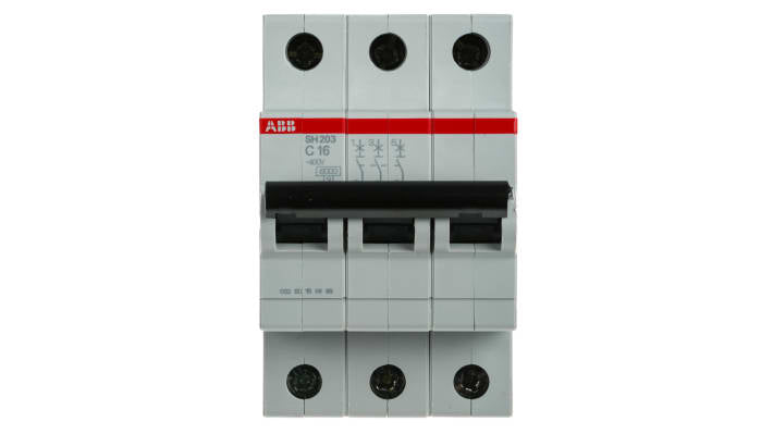 Interruttore magnetotermico ABB SH203-C16, 3 poli, 16 A, montaggio su guida DIN, dimensioni 85 x 52,5 x 69 mm.