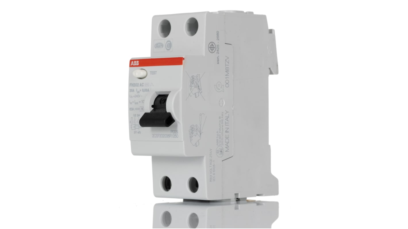 Interruttore differenziale ABB 2 poli, 25A, 30mA, montaggio su guida DIN, dimensioni 85 x 69 x 35mm, tensione 230V.