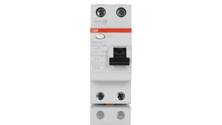 Interruttore differenziale ABB 2 poli, 25A, 30mA, montaggio su guida DIN, dimensioni 85 x 69 x 35mm, tensione 230V.