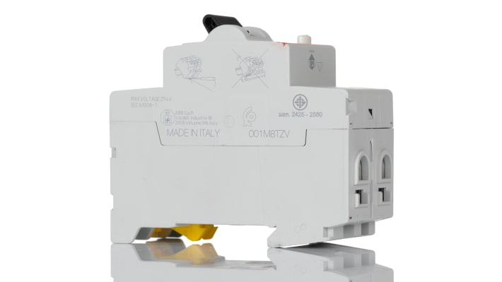Interruttore differenziale ABB 2 poli, 25A, 30mA, montaggio su guida DIN, dimensioni 85 x 69 x 35mm, tensione 230V.