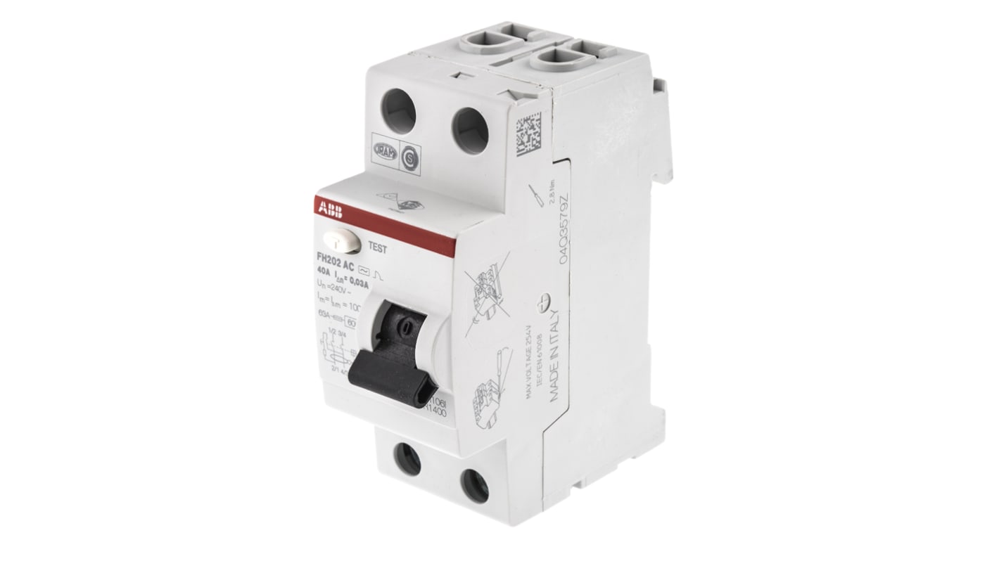 Interruttore differenziale ABB 2CSF202006R1400 FH202, 40A, 30mA, montaggio su guida DIN, per protezione da correnti di guasto.