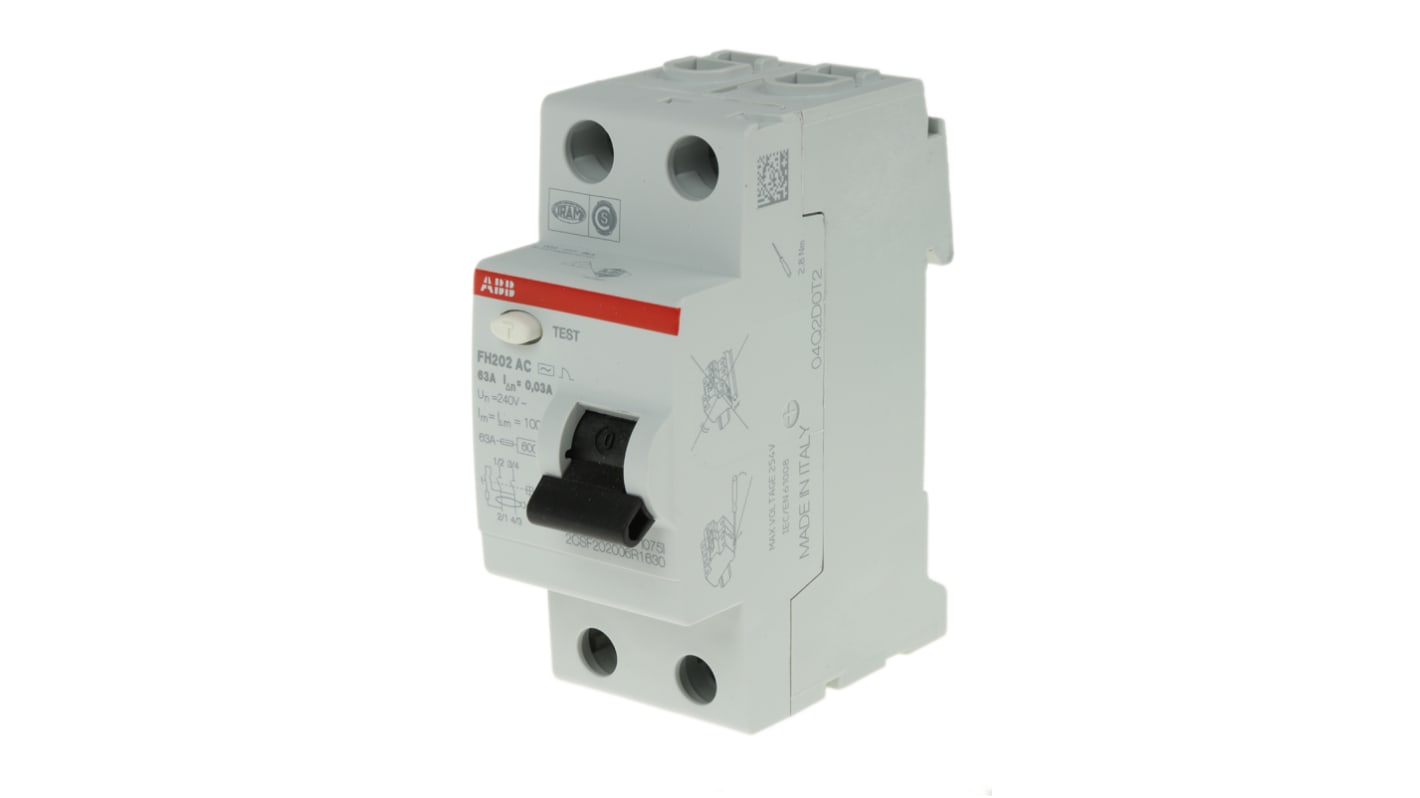 Interruttore differenziale ABB 2CSF202006R1630, 2 poli, 63A, 30mA, Tipo AC, montaggio su guida DIN, per protezione da correnti di guasto.