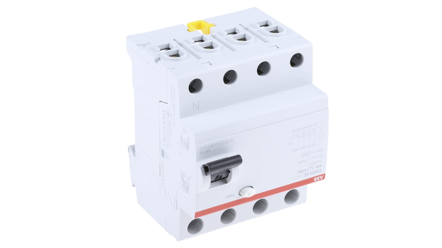 Interruttore differenziale ABB 2CSF204006R1400, 4 poli, 40A, sensibilità 30mA, montaggio su guida DIN, per protezione da correnti di guasto.