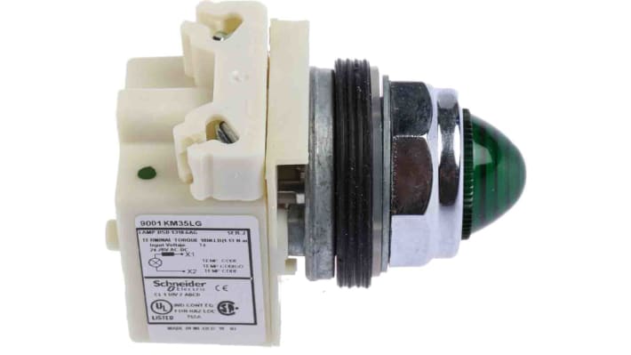 Spia LED verde Schneider Electric, foro 30 mm, IP66, tensione 24 V/120 V, montaggio su base BA9s, serie Harmony 9001K.