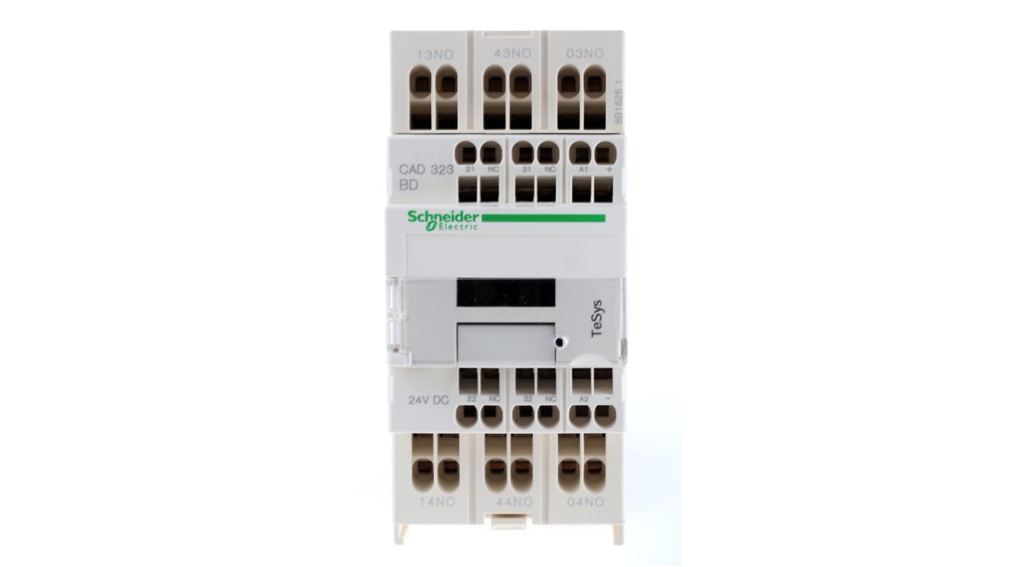 Contattore Schneider Electric CAD323BD, 2 NO + 2 NC, 10 A, 690 V, dimensioni 99x45x95 mm, per automazione industriale.