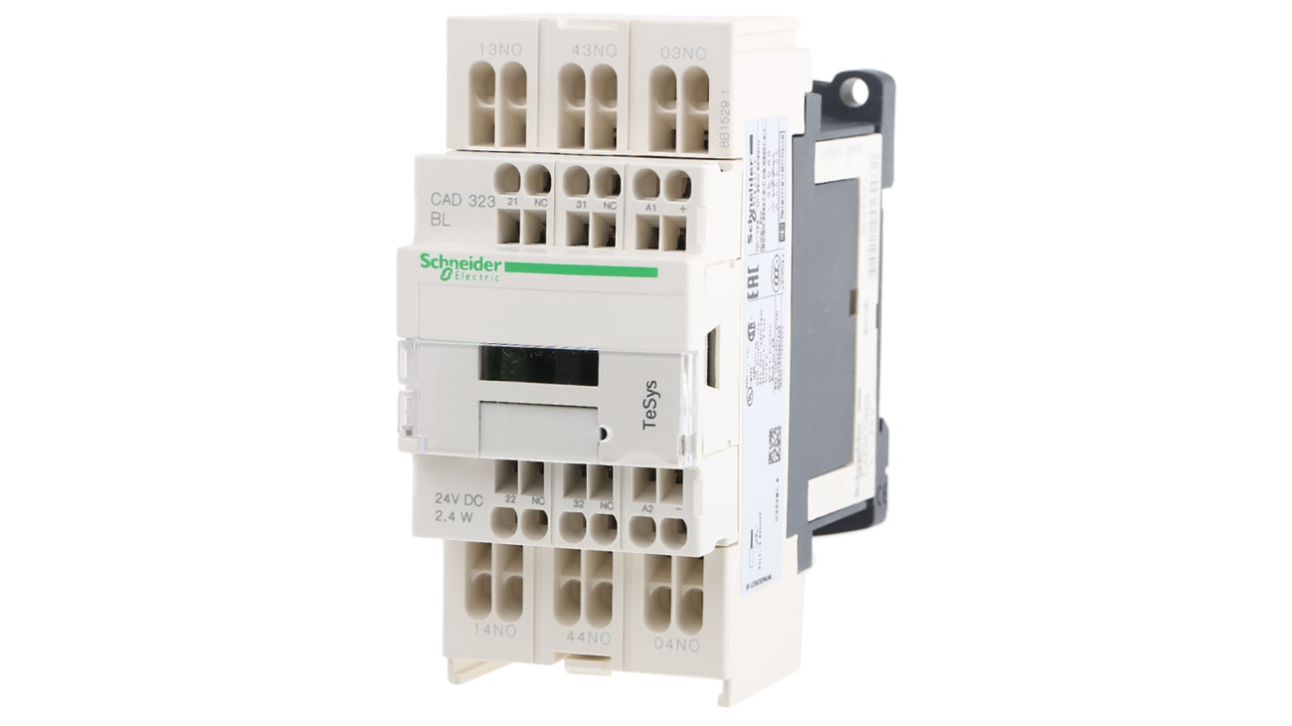 Relè di controllo Schneider Electric CAD323BL con resistenza agli impulsi 6 kV - Protezione da sovraccarichi e prestazioni ottimali per industria edile.