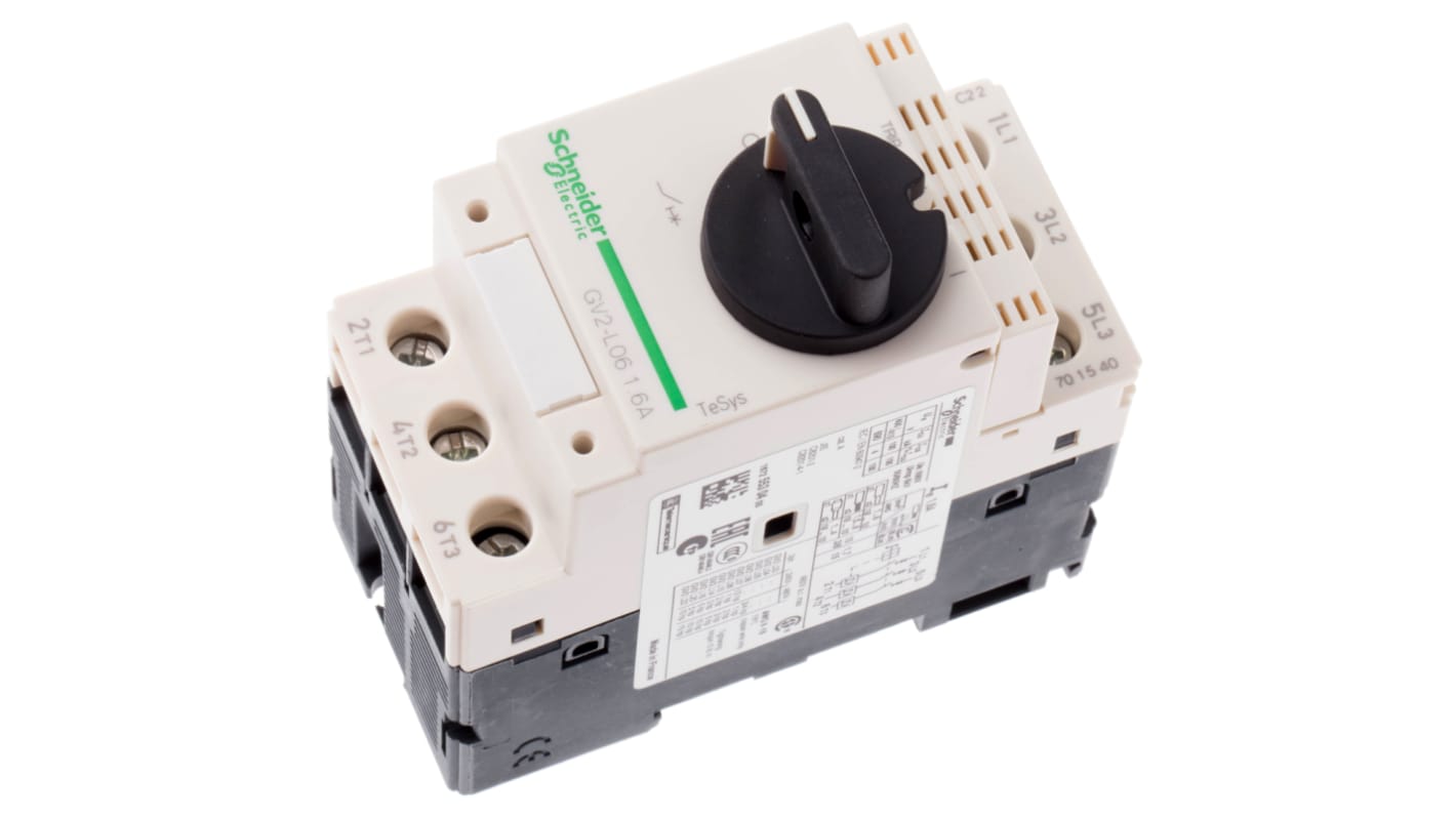 Interruttore automatico motore Schneider Electric GV2L06, corrente 1 a 1,7 A, design compatto 89x44,5x97 mm, montaggio a vite o clip.