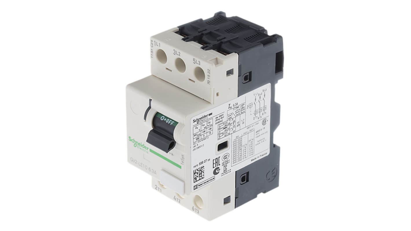 Interruttore automatico motore Schneider Electric GV2LE10, corrente nominale 6,3 A, dimensioni 89 mm x 44,5 mm x 78,5 mm, montaggio a morsetti a vite.