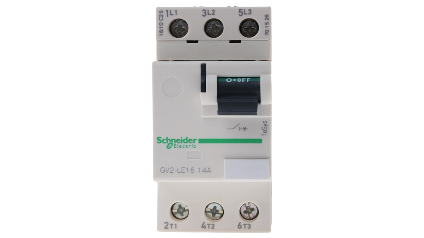 Interruttore automatico del motore Schneider Electric GV2LE16, 14 A, con selettore a leva bilanciere, dimensioni 89 x 44.5 x 78.5 mm.