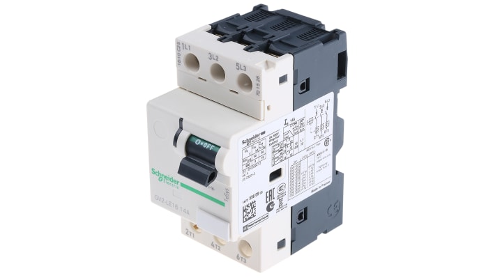 Interruttore automatico del motore Schneider Electric GV2LE16, 14 A, con selettore a leva bilanciere, dimensioni 89 x 44.5 x 78.5 mm.