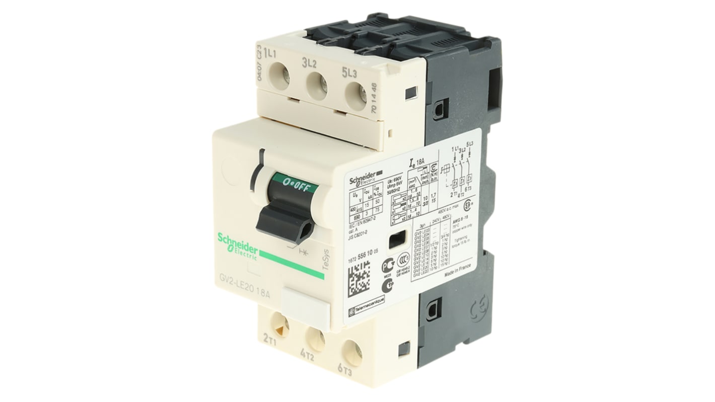 Interruttore automatico del motore Schneider Electric GV2LE20, 18 A, con morsetti a vite e selettore a leva, dimensioni 89x44.5x78.5 mm.