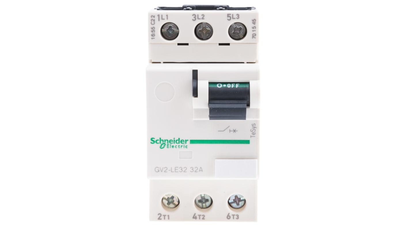 Interruttore automatico motore Schneider Electric GV2LE32, 32 A, morsetti a vite, selettore a leva, dimensioni 89x44.5x78.5 mm.