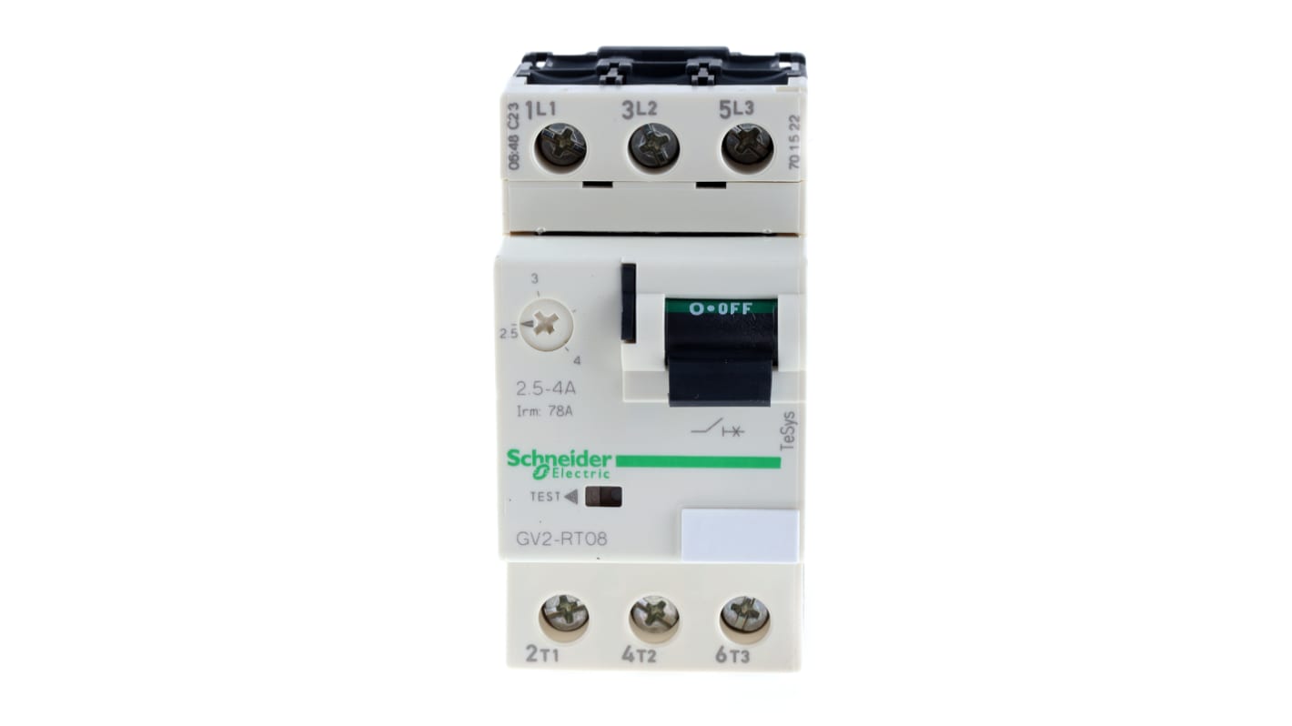 Interruttore automatico motore Schneider Electric GV2RT08, 2,5 → 4 A TeSys. Protezione per motori ad avviamento con picco di corrente, con morsetti a vite e selettore a leva.