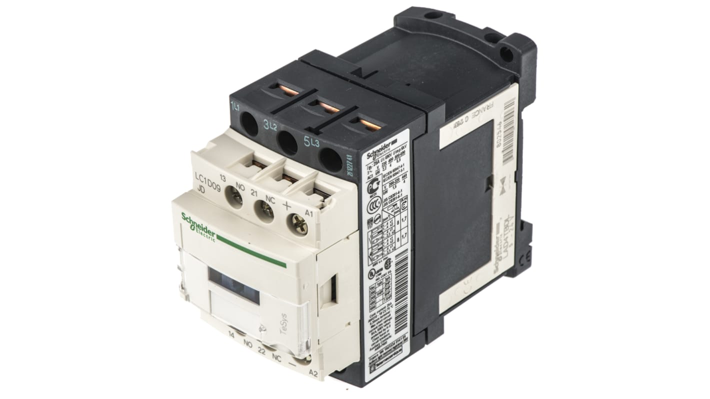Contattore Schneider Electric LC1D09JD, 3 poli, 3 NA, 9 A, bobina 12 V c.c., dimensioni 45x77x93 mm, montaggio frontale.