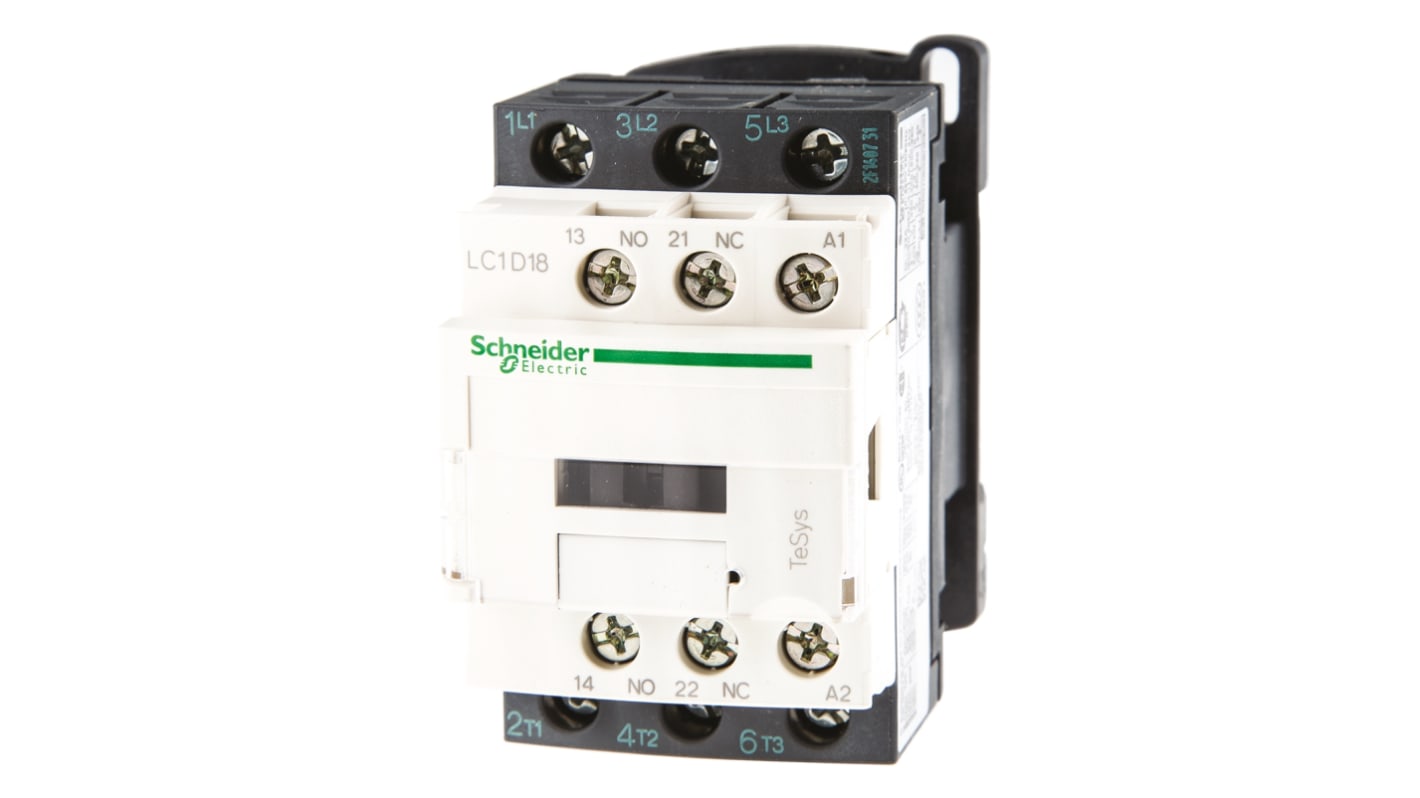 Contattore Schneider Electric LC1D18FE7, 3 poli, 32 A, bobina 115 V c.a., montaggio su guida DIN, dimensioni 77 x 45 x 84 mm.