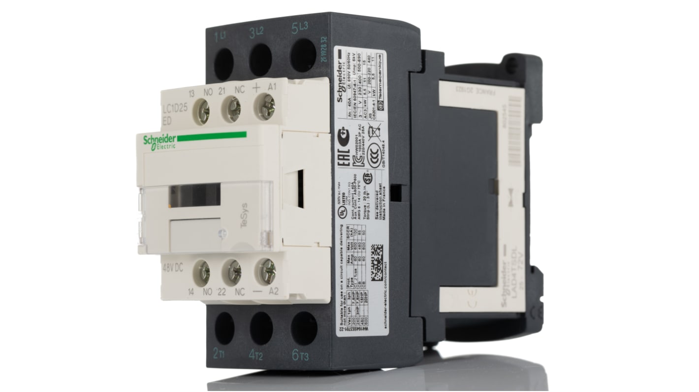 Contattore Schneider Electric LC1D25ED per controllo motori, 3 poli, 25 A, montaggio su guida DIN, dimensioni 85 mm x 99 mm.
