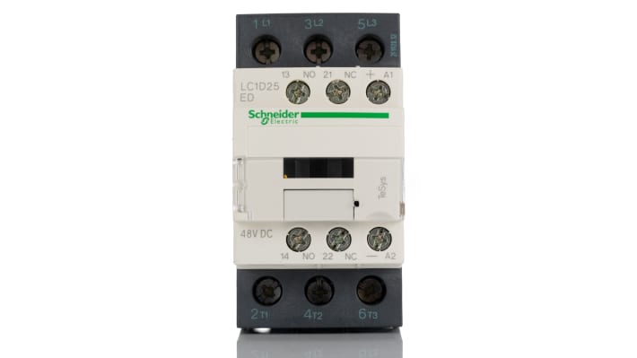 Contattore Schneider Electric LC1D25ED per controllo motori, 3 poli, 25 A, montaggio su guida DIN, dimensioni 85 mm x 99 mm.