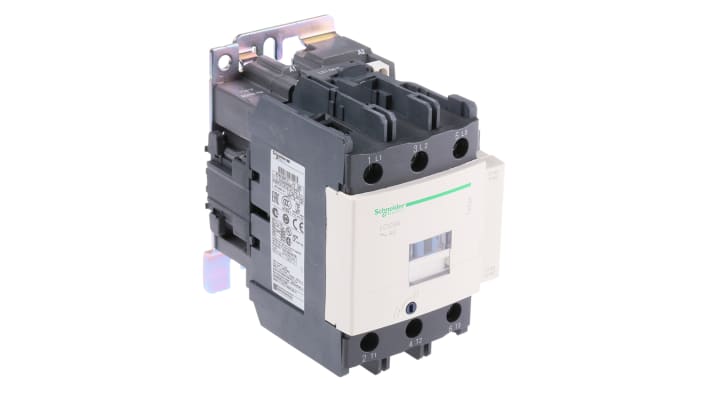 Contattore Schneider Electric LC1D95FE7, 3 poli, 125 A, bobina 115 V c.a., montaggio su guida DIN, dimensioni 127x85x125 mm.