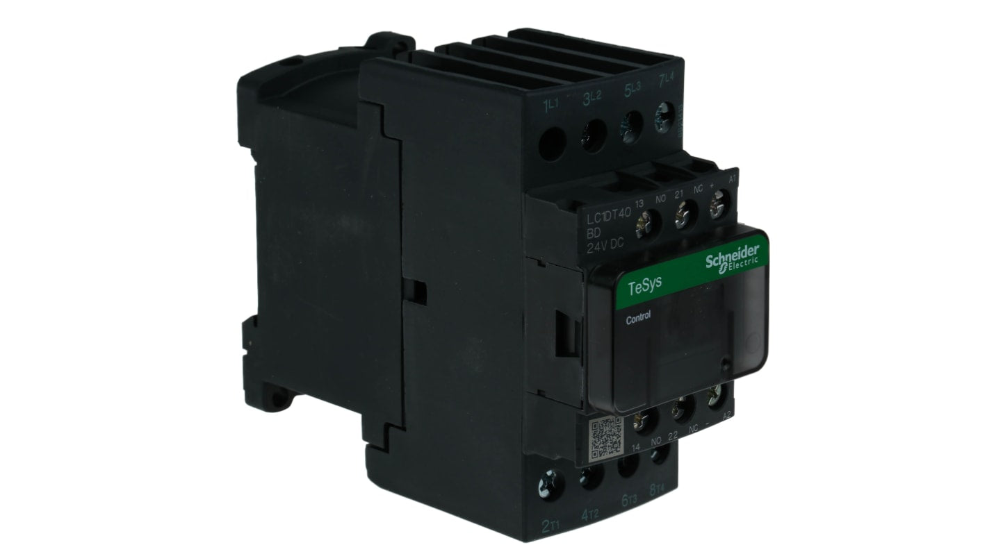 Contattore Schneider Electric LC1DT40BD, 4 poli 40A 24V CC - Serie TeSys Deca. Ideale per avviatori di motori e sistemi di illuminazione industriale. Durata meccanica 30M cicli.