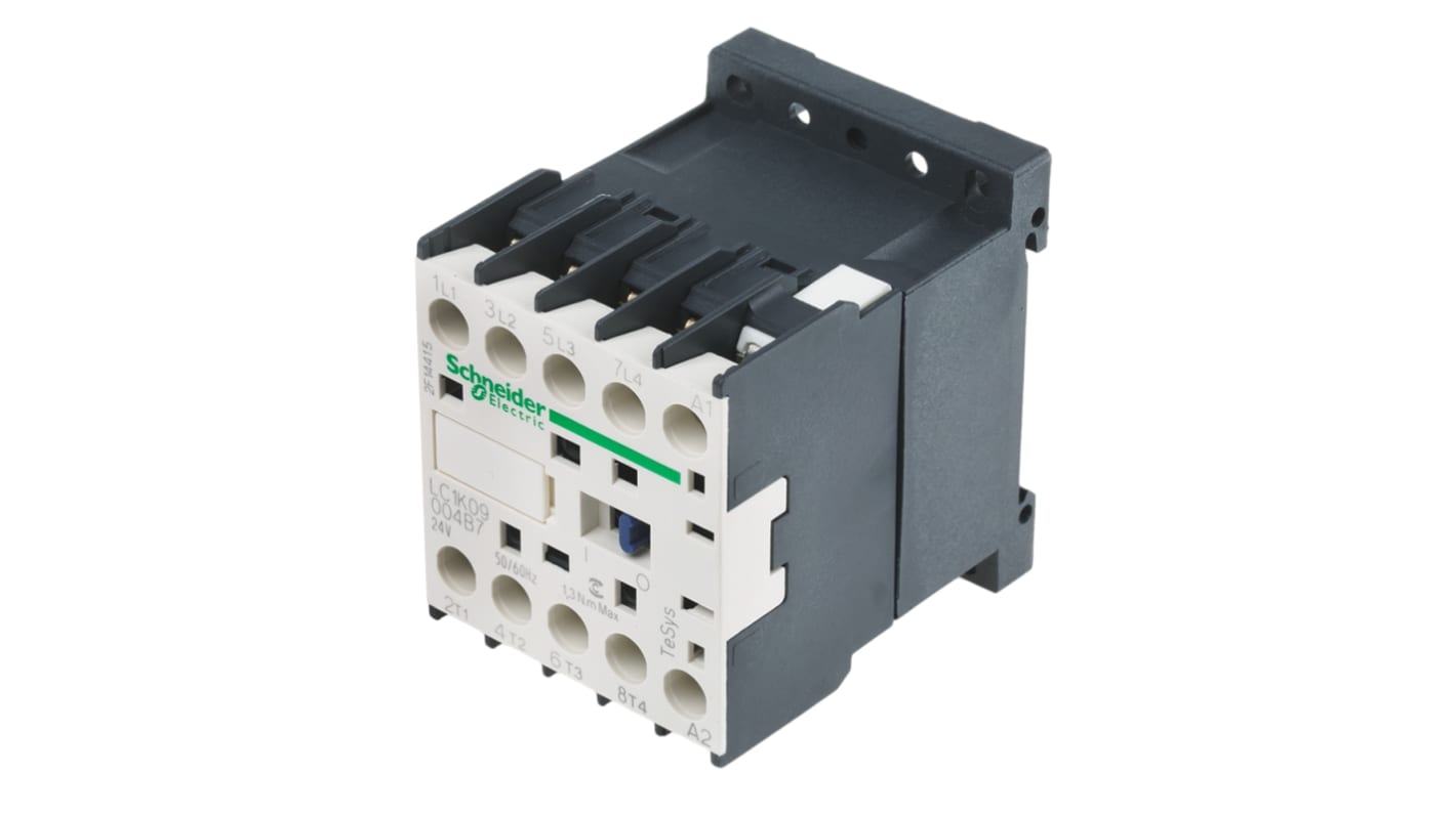 Contattore Schneider Electric LC1K09004B7, 4 poli, 20 A, 690 V c.a., montaggio su guida DIN, dimensioni 58x45x57 mm.