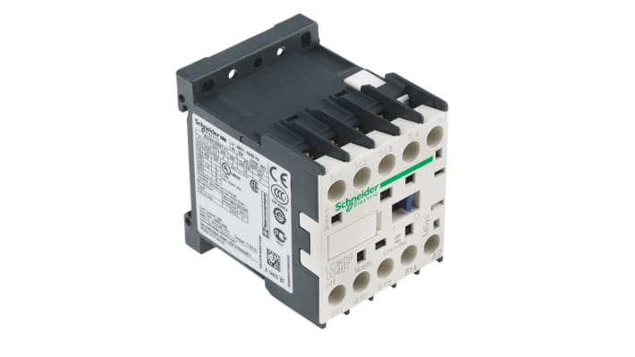 Contattore Schneider Electric LC1K09004B7, 4 poli, 20 A, 690 V c.a., montaggio su guida DIN, dimensioni 58x45x57 mm.
