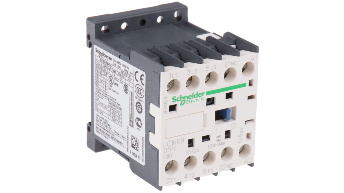 Contattore Schneider Electric LC1K0901P7, 3P 9A 230V CA. Ideale per carichi elevati come motori industriali. Alta affidabilità e qualità.