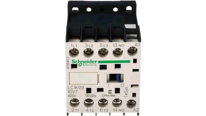 Contattore Schneider Electric LC1K0910V7, 3 poli, 9 A, bobina 400 V c.a., dimensioni 45x58x57 mm. Certificato CSA e UL.