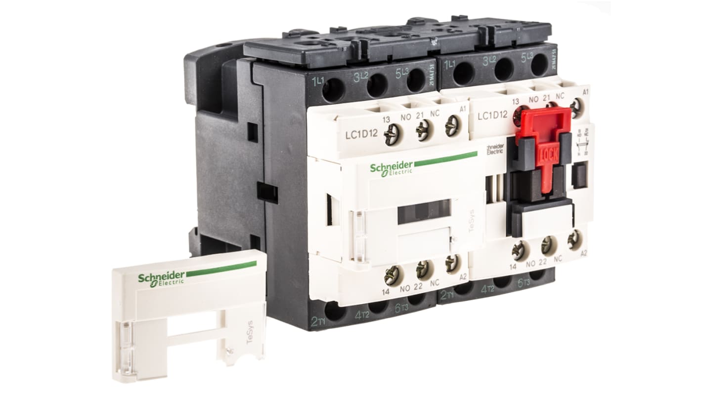 Contattore reversibile Schneider Electric LC2D12F7, 3P 12A 110V CA per motori e carichi resistivi. Alta affidabilità e conformità agli standard internazionali.