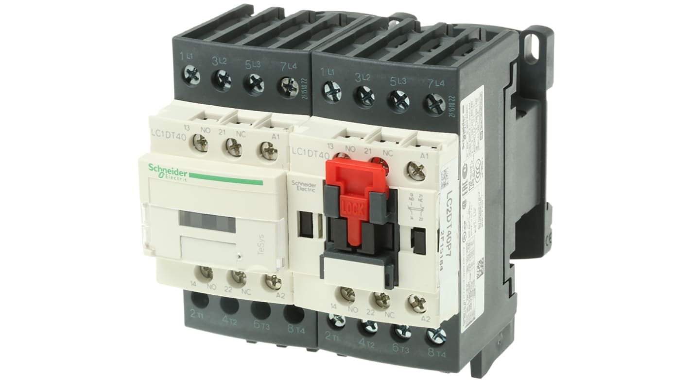 Contattore reversibile Schneider Electric LC2DT40P7, 4 poli, 40 A, montaggio su guida DIN, dimensioni 91x90x98 mm.