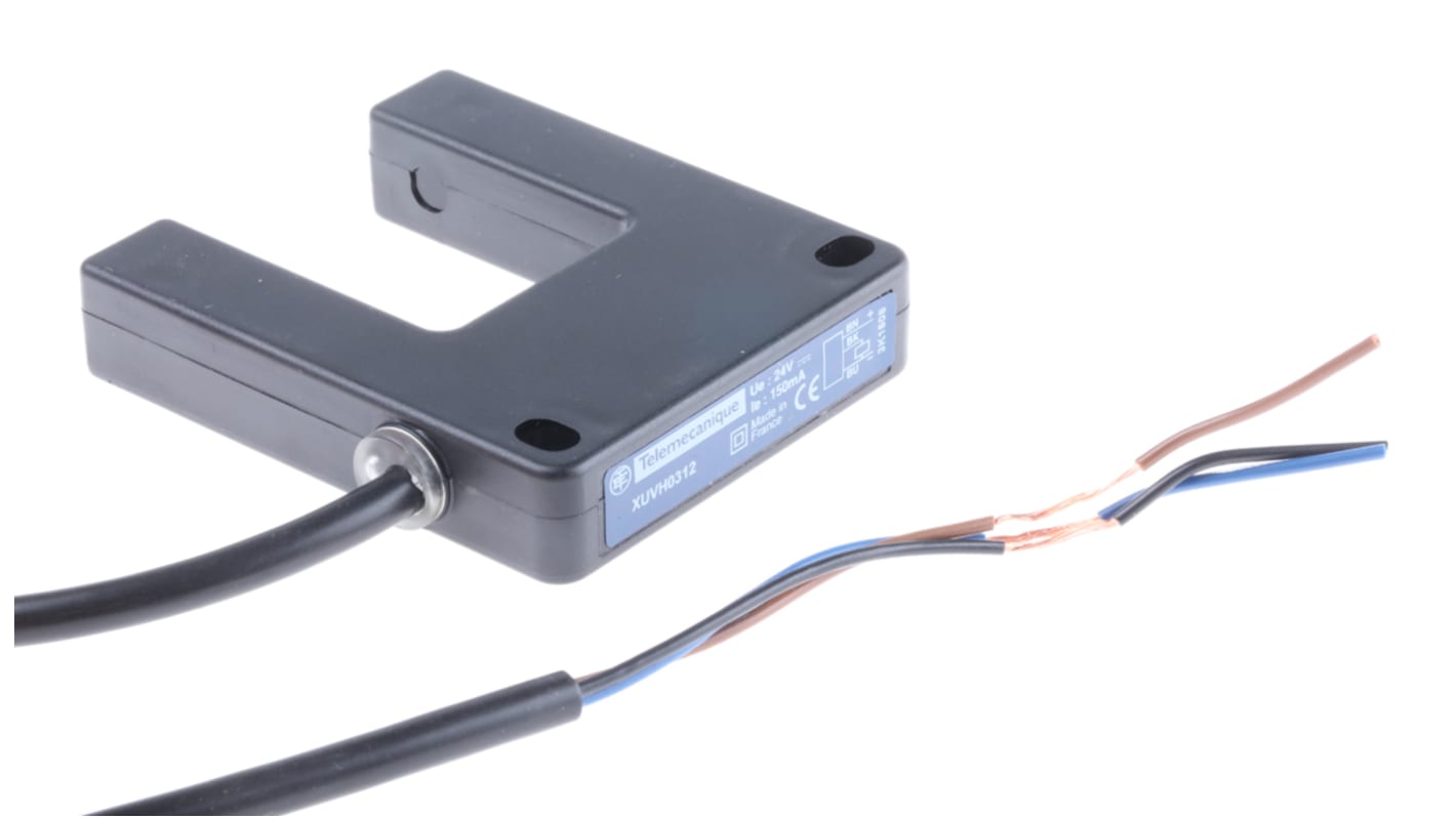 Sensore fotoelettrico a forcella Telemecanique Sensors XUVH0312, rilevamento a 30 mm, uscita PNP, grado di protezione IP64.