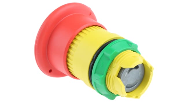 Pulsante di arresto di emergenza Schneider Electric Harmony XB5, diametro foro 22mm, protezione IP66/IP67/IP69K, durata meccanica 300000 cicli.