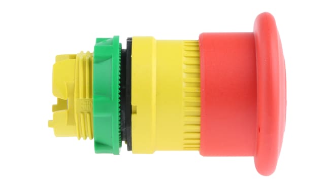 Pulsante di arresto di emergenza Schneider Electric Harmony XB5, diametro foro 22mm, protezione IP66/IP67/IP69K, durata meccanica 300000 cicli.