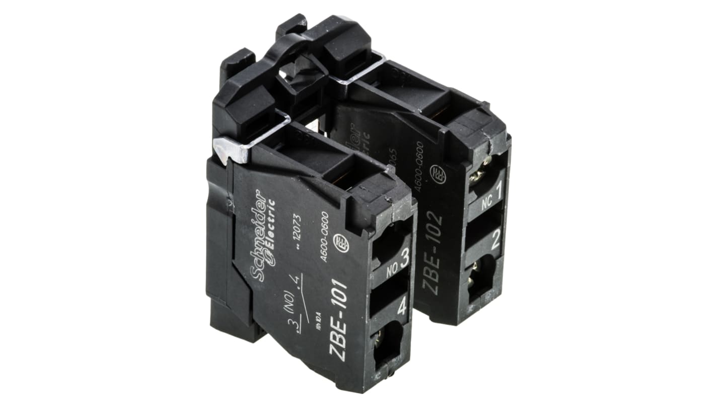 Blocco contatti Schneider Electric ZB5AZ105: 1NA + 1NC, 600V, terminali a vite. Ideale per automazione industriale, resistente e facile da installare.