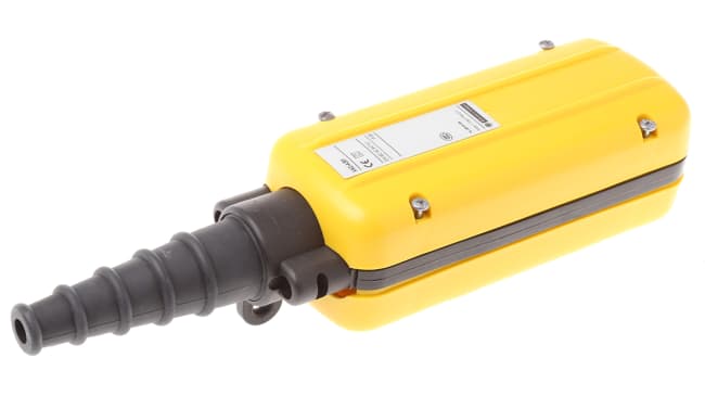 Stazione pensile a pulsante Schneider Electric XACA281, 2 NA/2 NC, custodia gialla, protezione IP65, corrente 3A, tensione 600V.