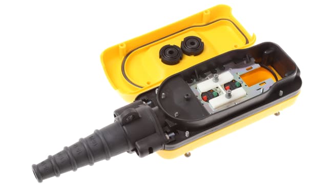 Stazione pensile a pulsante Schneider Electric XACA281, 2 NA/2 NC, custodia gialla, protezione IP65, corrente 3A, tensione 600V.