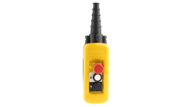 Stazione pensile a pulsante Schneider Electric XACA2913, con tre pulsanti e freno di rallentamento, IP65, per applicazioni industriali.