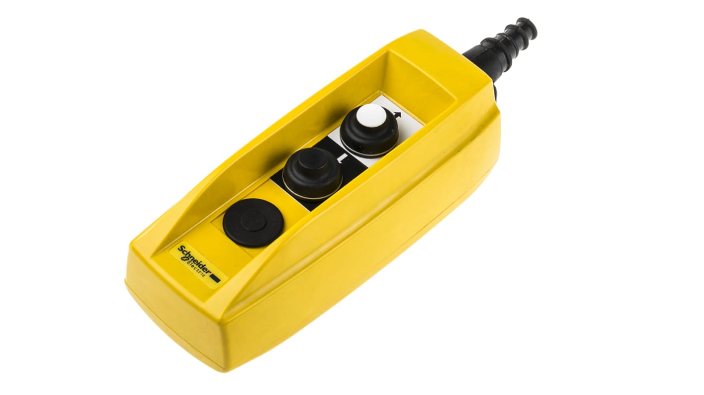 Stazione pensile a pulsante Schneider Electric XACB220, contenitore giallo in lega di alluminio, due pulsanti metallici, protezione IP65.