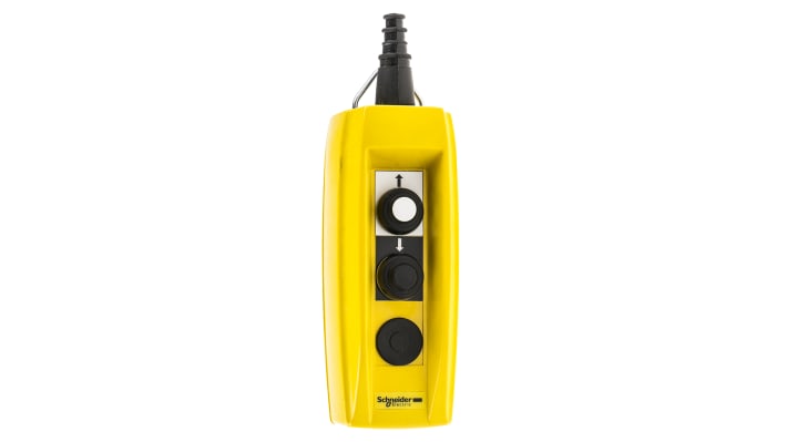 Stazione pensile a pulsante Schneider Electric XACB220, contenitore giallo in lega di alluminio, due pulsanti metallici, protezione IP65.