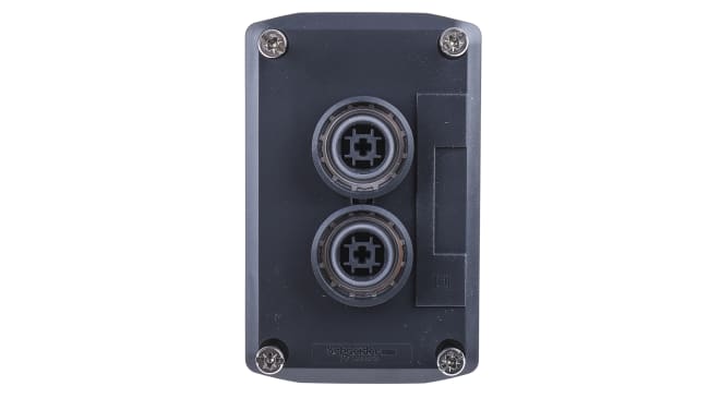 Scatola pulsante Schneider Electric XALD224, IP66/IP67/IP69K, 10A, 600V, policarbonato, dimensioni 106x68x62mm, colore grigio scuro.
