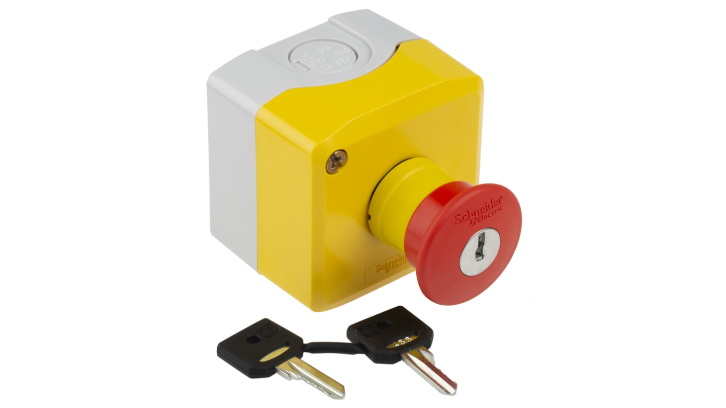 Pulsante di arresto di emergenza Schneider Electric Harmony XALK, montaggio superficiale, grado di protezione IP66/IP67/IP69K, dimensioni 68 x 68 x 115 mm.