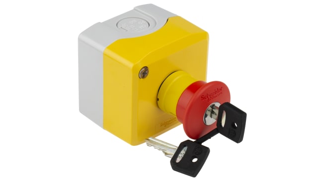 Pulsante di arresto di emergenza Schneider Electric Harmony XALK, montaggio superficiale, grado di protezione IP66/IP67/IP69K, dimensioni 68 x 68 x 115 mm.