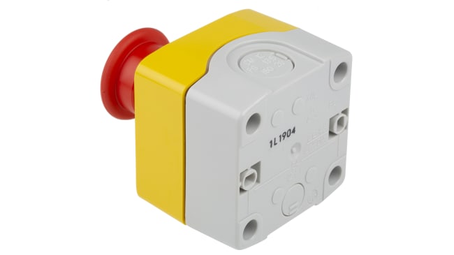Pulsante di arresto di emergenza Schneider Electric Harmony XALK, montaggio superficiale, grado di protezione IP66/IP67/IP69K, dimensioni 68 x 68 x 115 mm.