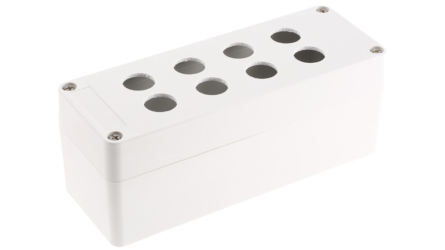 Scatola per pulsante Schneider Electric XAPA2108, 8 fori da 22mm, in poliestere rinforzato, colore grigio scuro e chiaro.