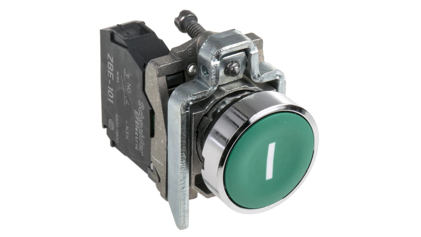 Pulsante SPST verde Schneider Electric XB4BA3311, montaggio a pannello, diametro 22 mm, grado di protezione IP66/IP69K.