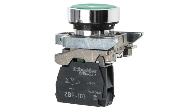 Pulsante SPST verde Schneider Electric XB4BA3311, montaggio a pannello, diametro 22 mm, grado di protezione IP66/IP69K.
